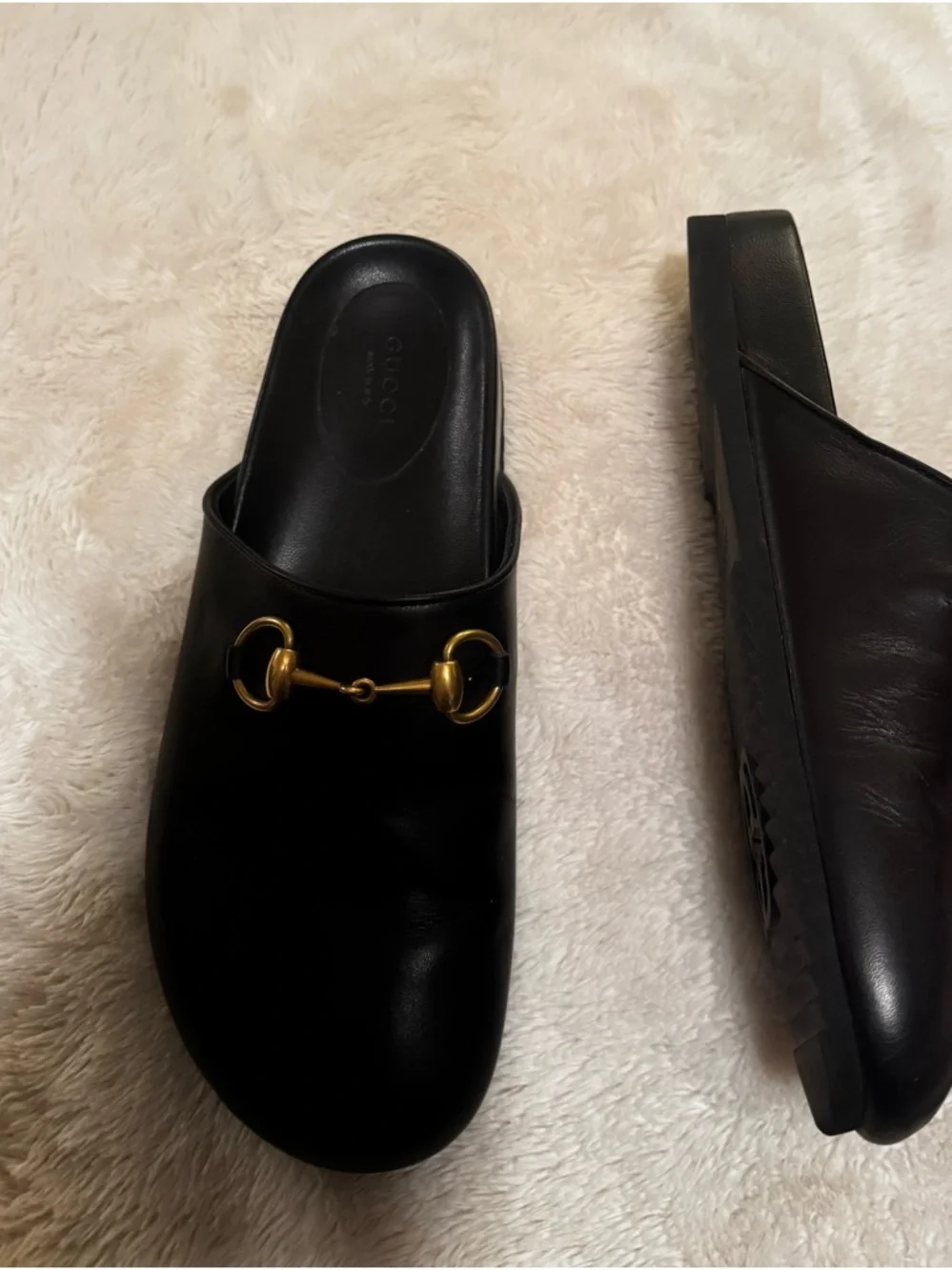 Gucci Black Leather Slide Mules with Gold Horsebit - Picture 2 of 4